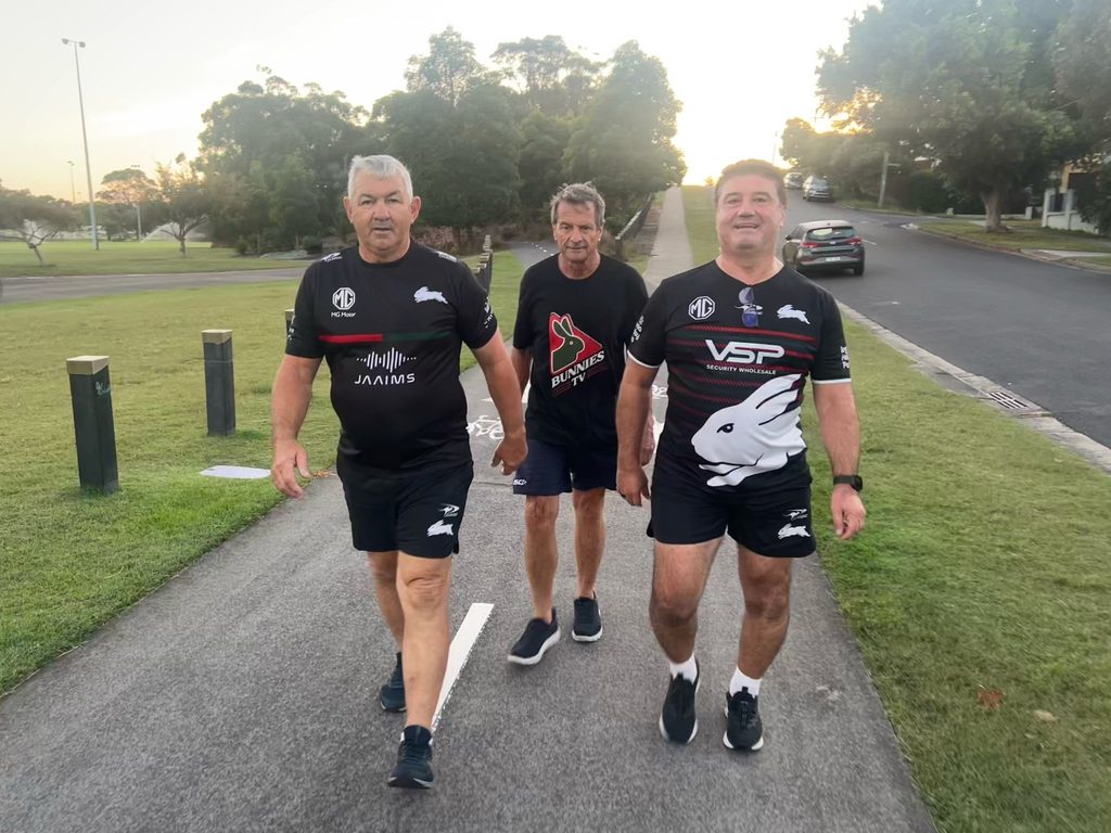 Souths Players Association members Michael Andrews, Dexter Dunworth and Stephen Fenech on their morning walk at Heffron Park.