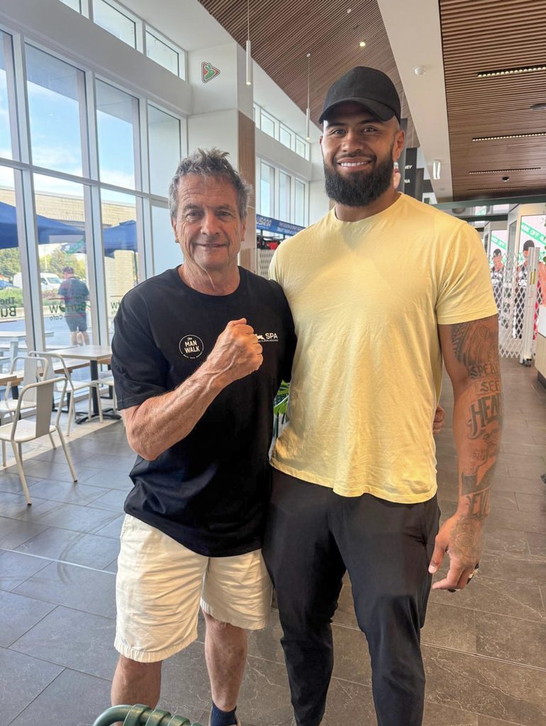 Dexter Dunworth and Rabbitohs recruit Payne Haas at The Burrow Cafe, Heffron Centre